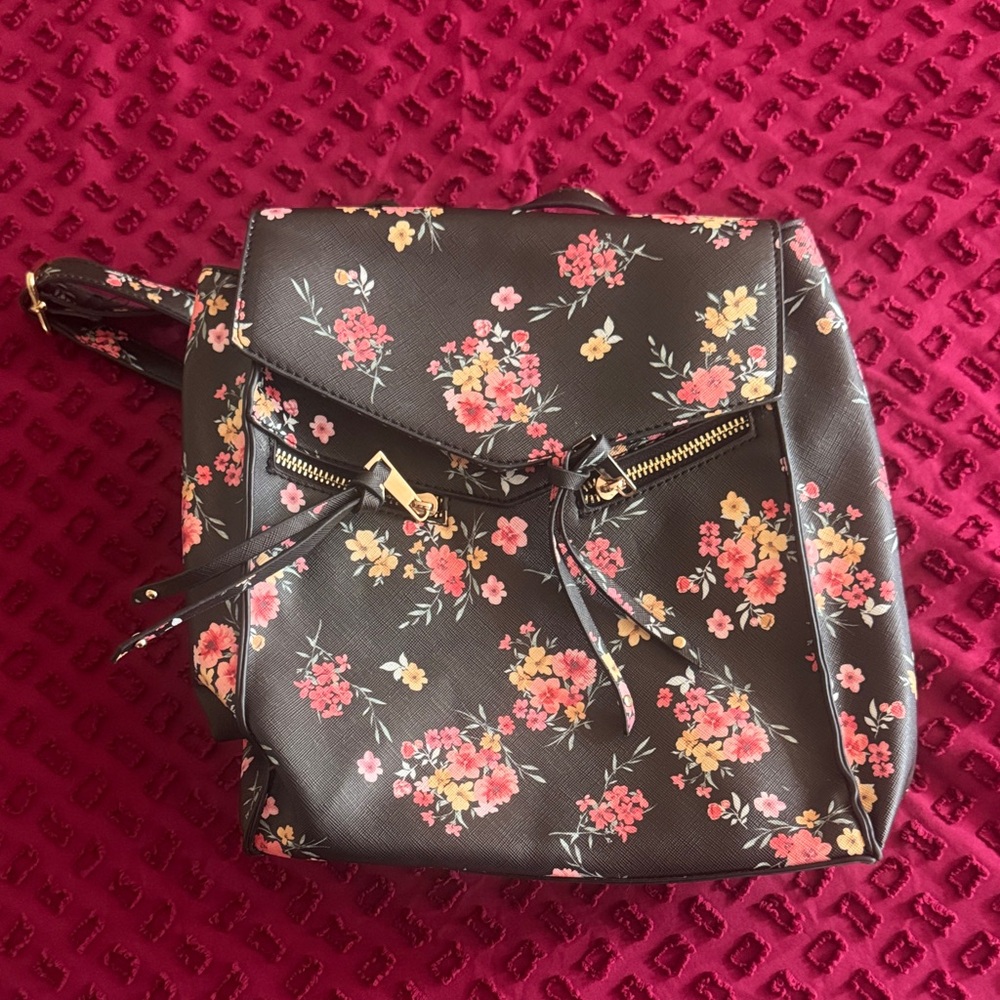LD BRAND Black Floral Faux-Leather Women's Backpack with Gold Zipper Accents